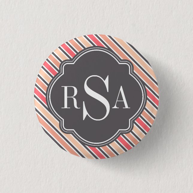 Monogram Pink Grey White Stripe Muster Button (Vorderseite)