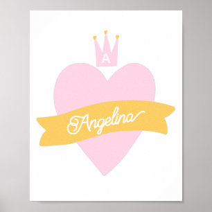 Monogram Pink Heart Crown Name Gircess Princess Poster