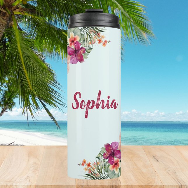 Monogram Pink Hibiskus Blume Tropenflora Thermosbecher (In situ)