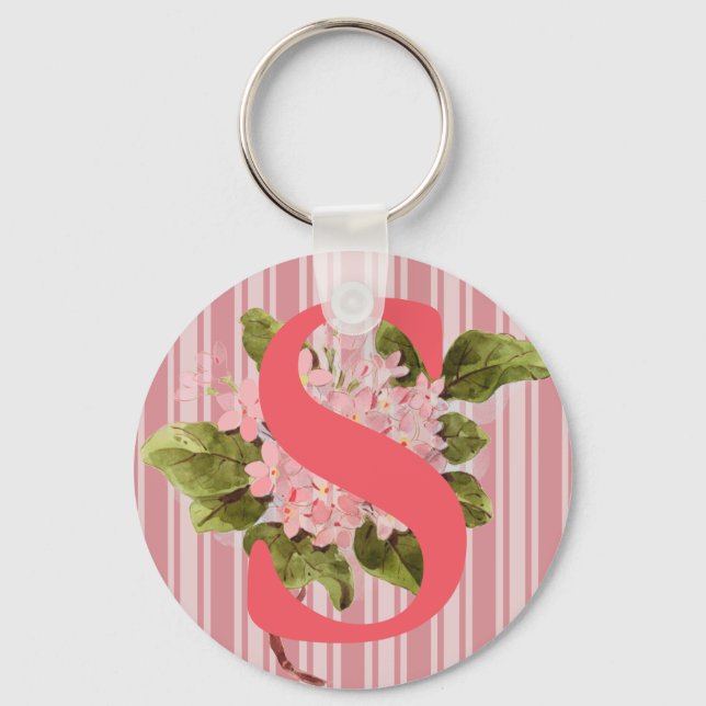 Monogram Pink Hydrangea Blume Stripes Girl Schlüsselanhänger (Vorderseite)