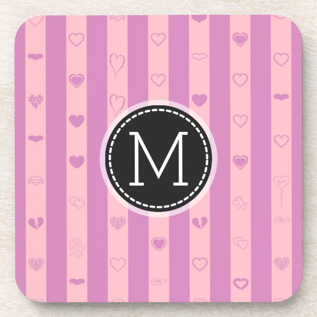 Monogram Pink Lila Stripes Modernes Herzmuster Untersetzer (Vorderseite)