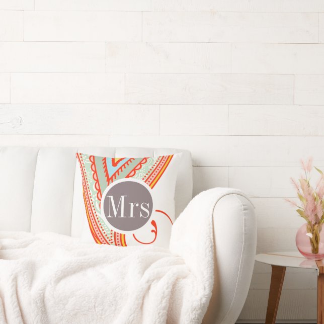 Monogram Pink Mint Taupe Modern Pattern Pillow Kissen (Liege)