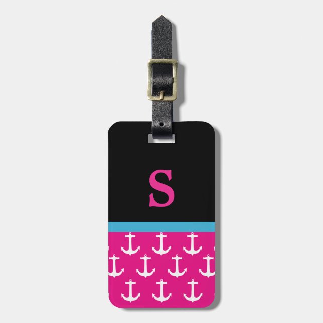Monogram Pink Nautical Anchor Muster Gepäckmarke Gepäckanhänger (Vorderseite vertikal)