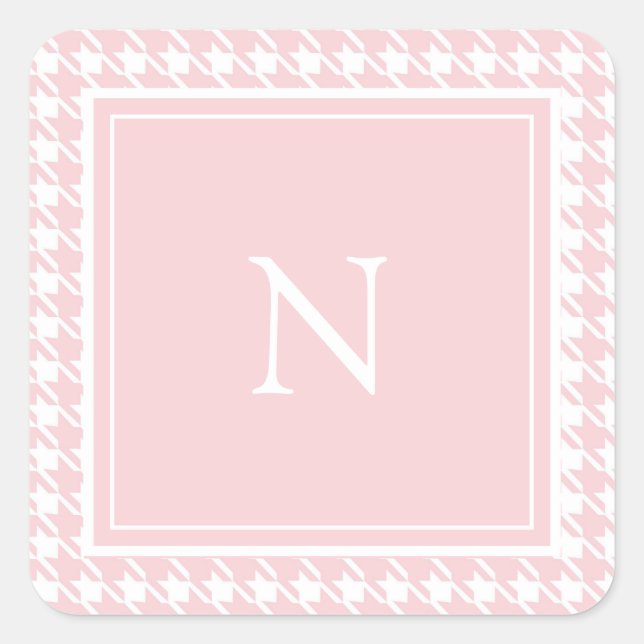 Monogram Pink Pastell Hahnentrittmuster Karo Quadratischer Aufkleber (Vorderseite)