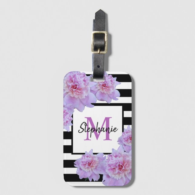 Monogram Pink Peony Blume Black Strip Lila Gepäckanhänger (Vorderseite Vertikal)