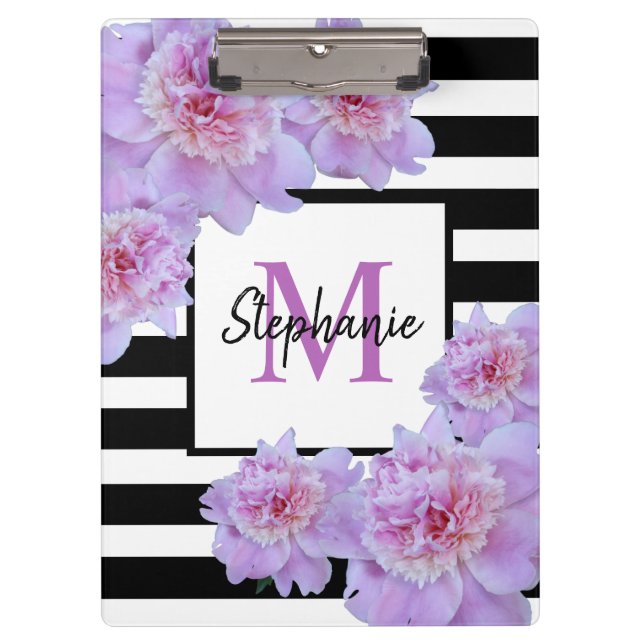 Monogram Pink Peony Blume Black Strip Lila Klemmbrett (Vorderseite)