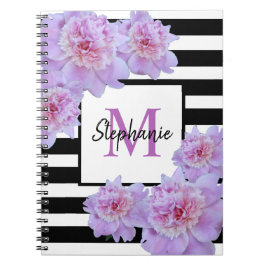 Monogram Pink Peony Blume Black Strip Lila Notizblock
