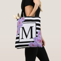 Monogram Pink Peony Blume Black Strip Tote Beutel