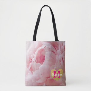 Monogram Pink Peony Wedding Party Tote Bag