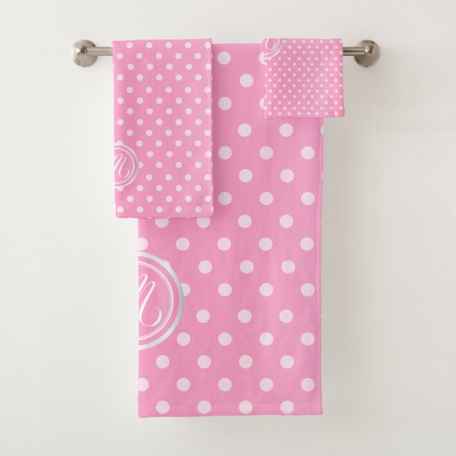 Monogram Pink Polka Dots Muster Badhandtuch Set (Insitu)