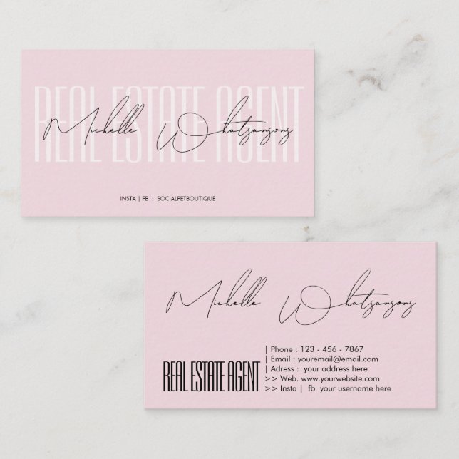 Monogram pink REAL ESTATE AGENT modern script Visitenkarte (Vorne/Hinten)
