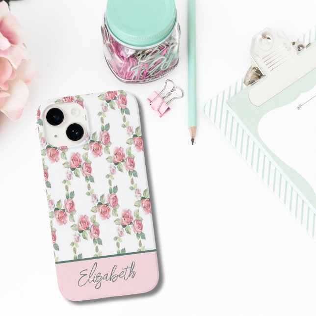Monogram Pink Rose Blumengrün Blume Case-Mate iPhone Hülle (Monogrammed Name Pink Roses Greenery iPhone case)