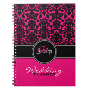Monogram Pink Schwarz-weiß Damask Hochzeitsplaner Notizblock