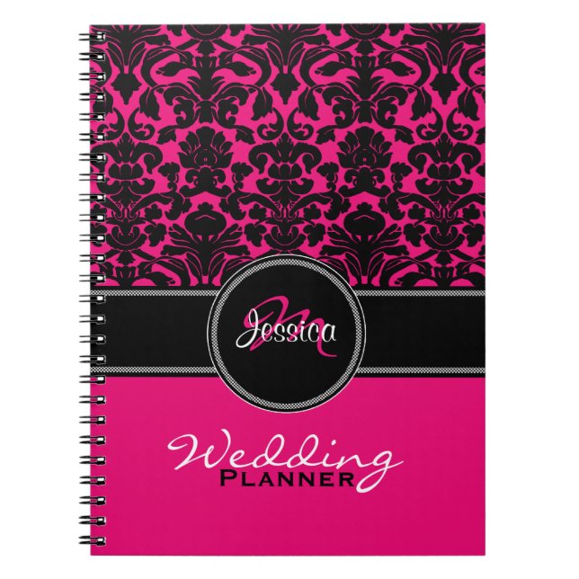 Monogram Pink Schwarz-weiß Damask Hochzeitsplaner Notizblock (Vorderseite)