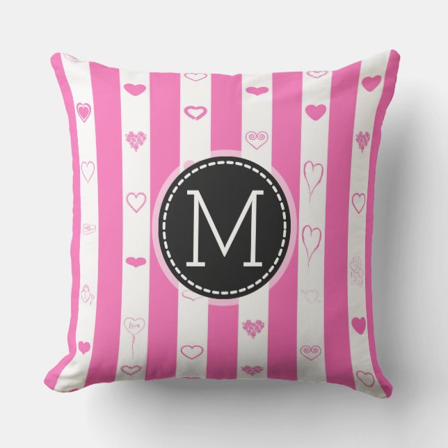 Monogram Pink Stripes Modernes Herzmuster Kissen (Vorderseite)
