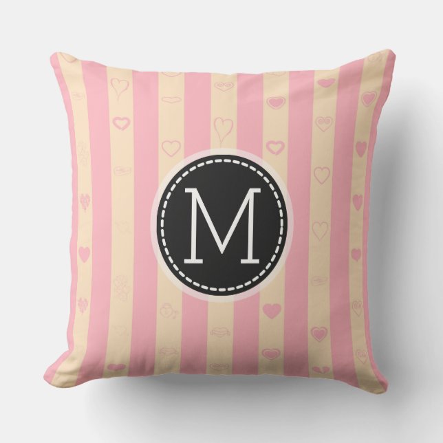 Monogram Pink Stripes Modernes Herzmuster Kissen (Vorderseite)