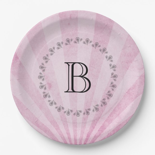 Monogram Pink Sunray Shabby Texture Pappteller (Vorderseite)