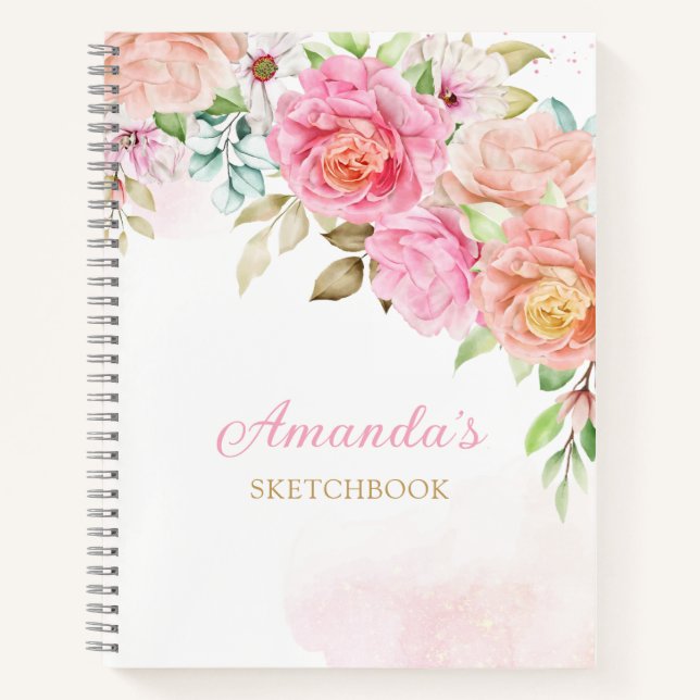 Monogram Pink Watercolor Floral Girl Personalisier Notizbuch (Vorderseite)