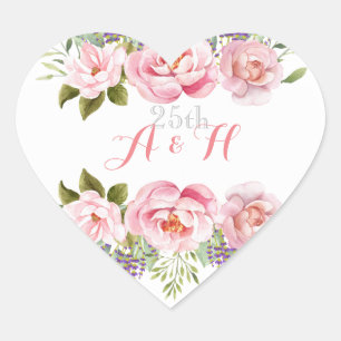 Monogram Pink Wedding Anniversary Blume Wreath Herz-Aufkleber