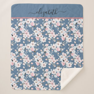 Monogram Pink White Dark Blue Floral Blume Sherpadecke