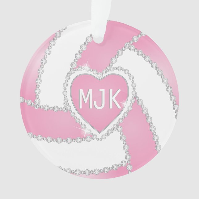 Monogram Pink & White Diamond Volleyball Ornament (Vorderseite)
