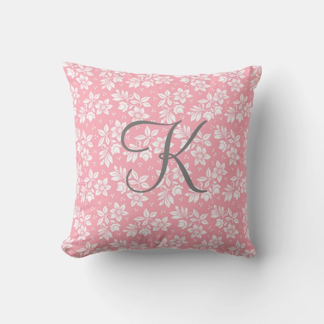 Monogram Pink White Gray Botanical Kissen (Vorderseite)