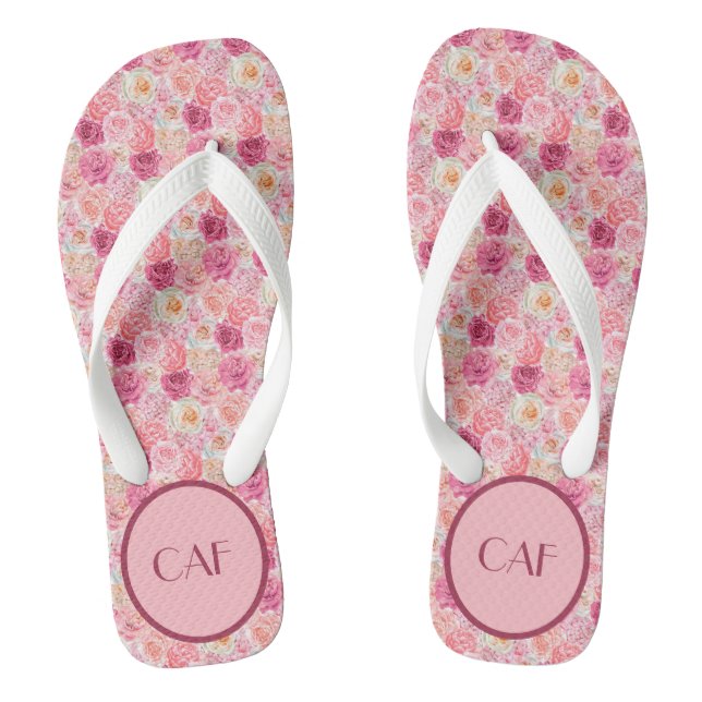 Monogram Pink White Magenta Floral Elegant Boho Flip Flops (Fußbett)