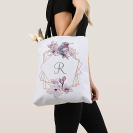 Monogram Pink White Magnolias Bird Gold Frame