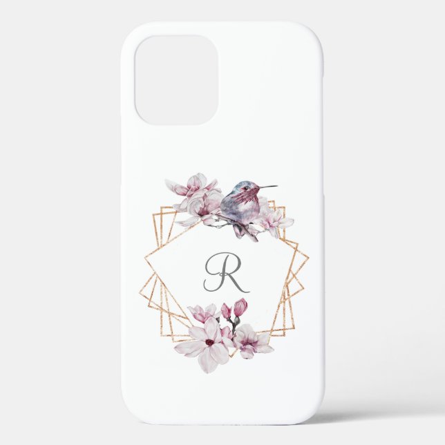 Monogram Pink White Magnolias Bird Gold Frame Case-Mate iPhone Hülle (Rückseite)