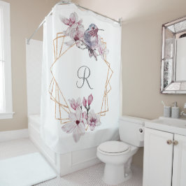 Monogram Pink White Magnolias Bird Gold Frame Duschvorhang