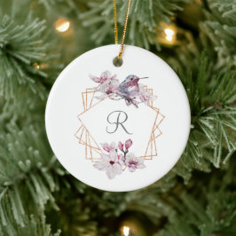 Monogram Pink White Magnolias Bird Gold Frame Keramik Ornament