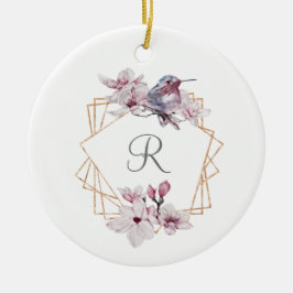 Monogram Pink White Magnolias Bird Gold Frame Keramik Ornament