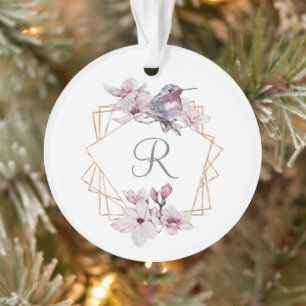 Monogram Pink White Magnolias Bird Gold Frame Ornament