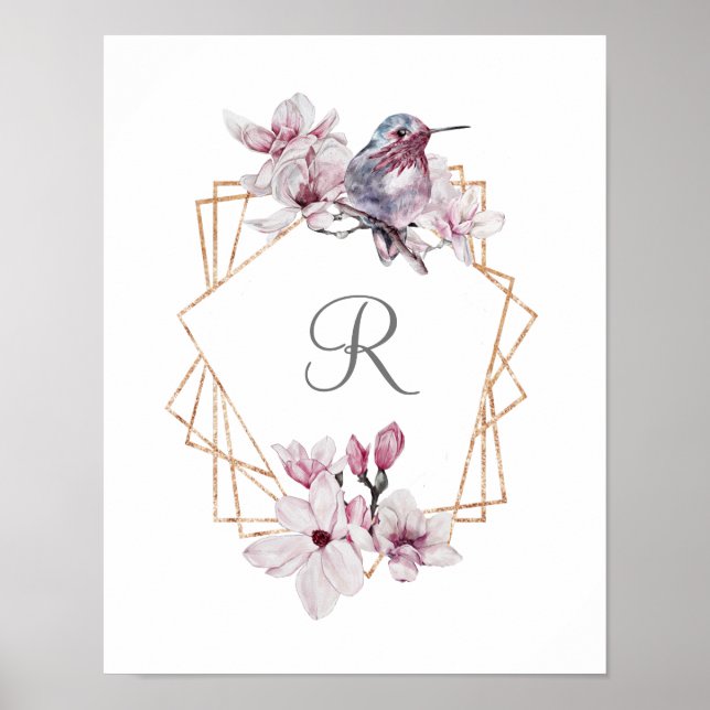 Monogram Pink White Magnolias Bird Gold Frame Poster (Vorne)