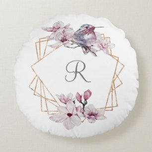 Monogram Pink White Magnolias Bird Gold Frame Rundes Kissen