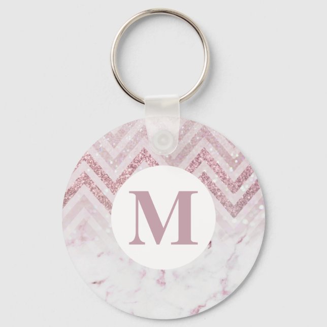 Monogram Pink White Marble Personalize Name Schlüsselanhänger (Vorderseite)