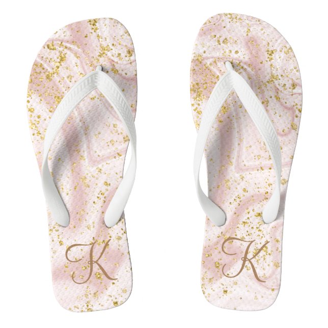 Monogram Pink White Marble Swirl Gold Glitzer Fli Flip Flops (Fußbett)