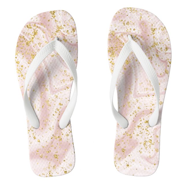 Monogram Pink White Marble Swirl Gold Glitzer Flip Flops (Fußbett)