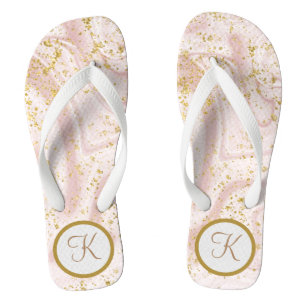 Monogram Pink White Marble Swirl Gold Glitzer Flip Flops