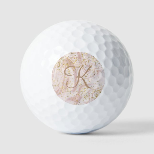 Monogram Pink White Marble Swirl Gold Glitzer Gesc Golfball (Vorderseite)