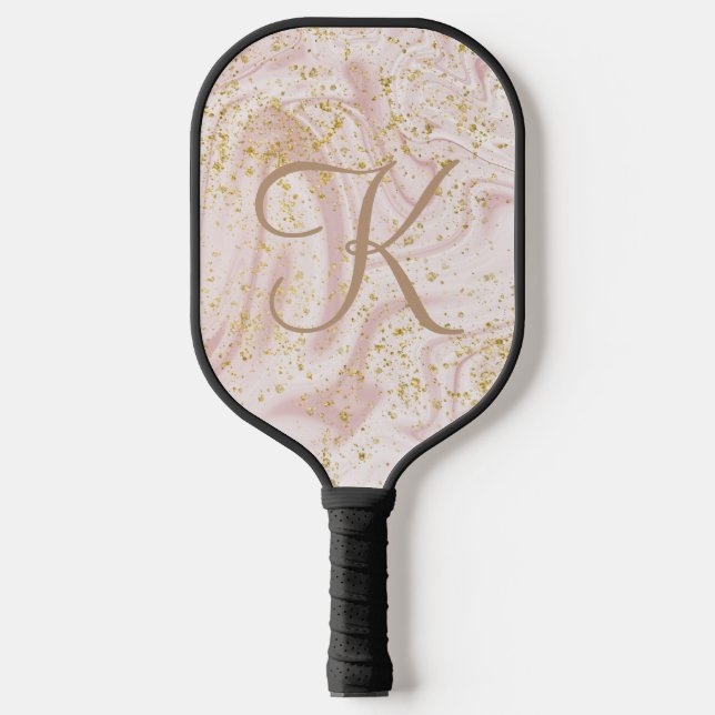 Monogram Pink White Marble Swirl Gold Glitzer Gesc Pickleball Schläger (Vorderseite)