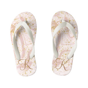 Monogram Pink White Marble Swirl Gold Glitzer Kinderbadesandalen