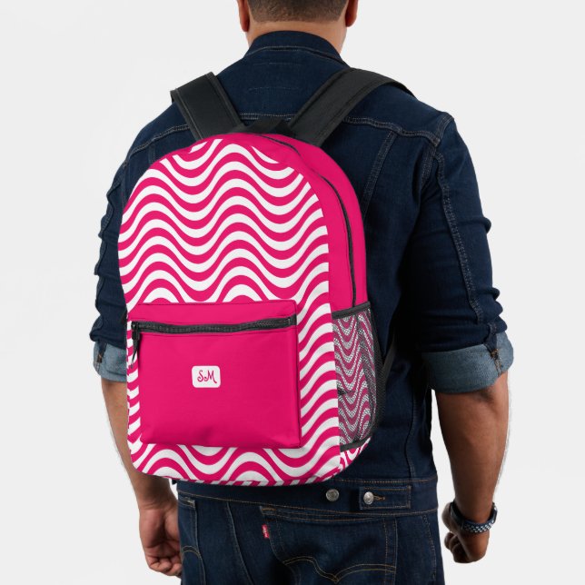 Monogram Pink White Wavy Stripes Psychedelic Bedruckter Rucksack (Insitu (Modell))