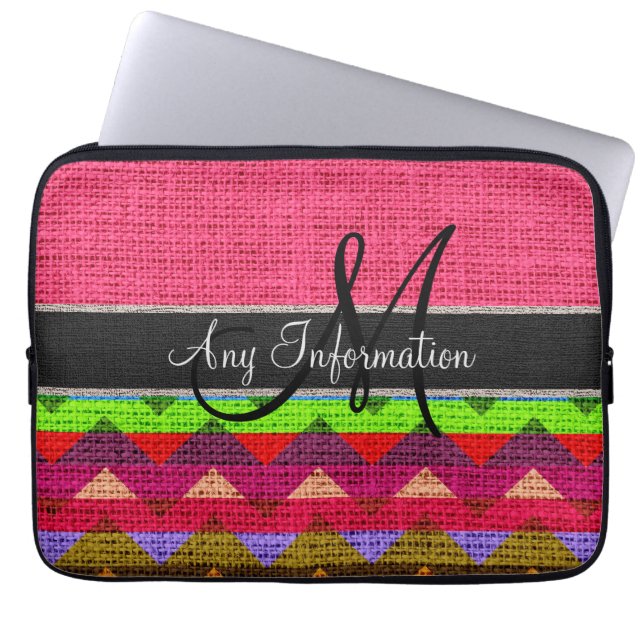 Monogram Pink Zickzack Zigzag Burlap Jute Laptopschutzhülle (Vorderseite)