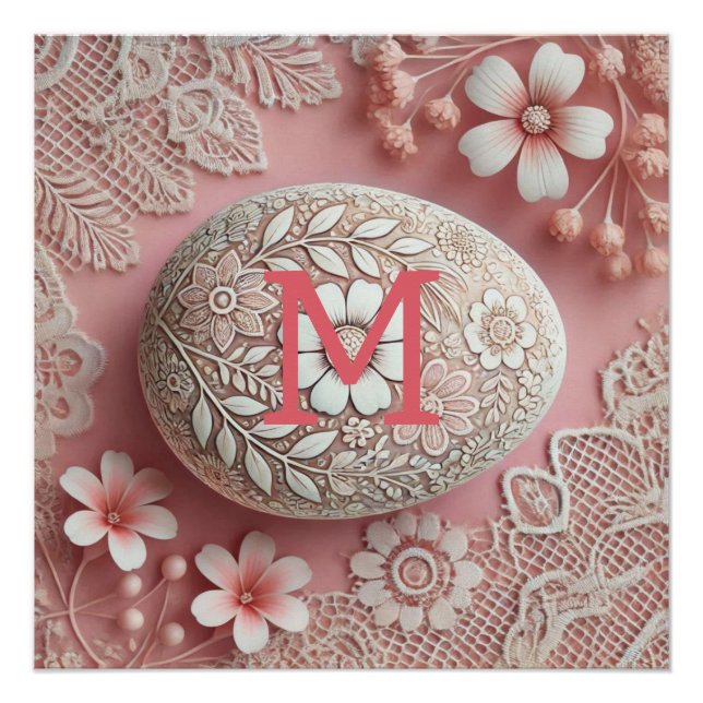 Monogram, pinkfarbenes weißes blühendes Osterei Poster (Vorderseite)