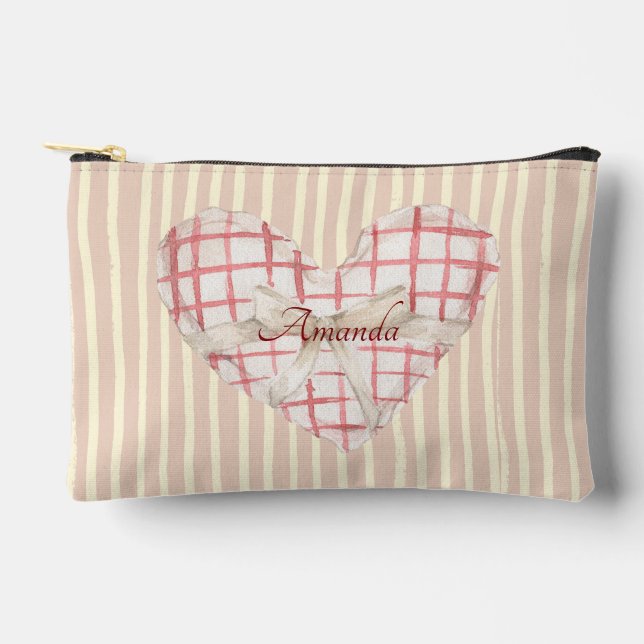 Monogram Pinky Retro Herz Niedliche Aquarellstreif Zubehörtasche (Vorderseite)