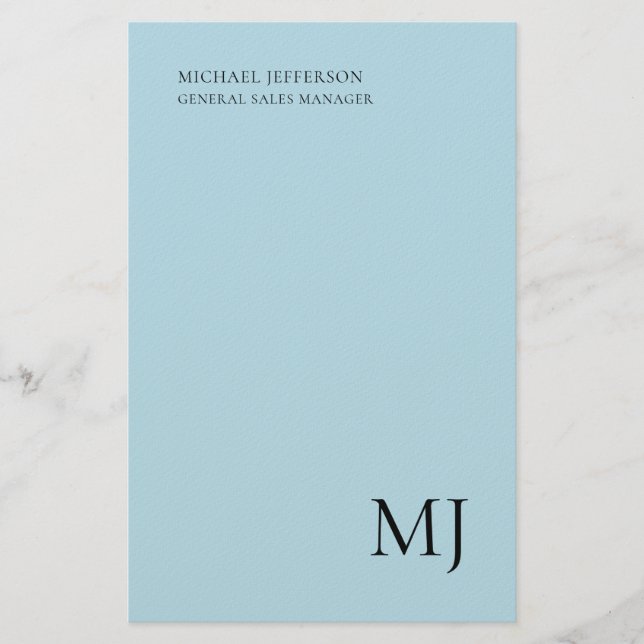Monogram Plain Blue Trendy Business Briefpapier (Vorderseite)