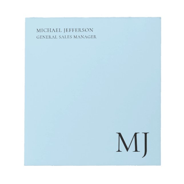Monogram Plain Blue Trendy Business Notizblock (Vorderseite)