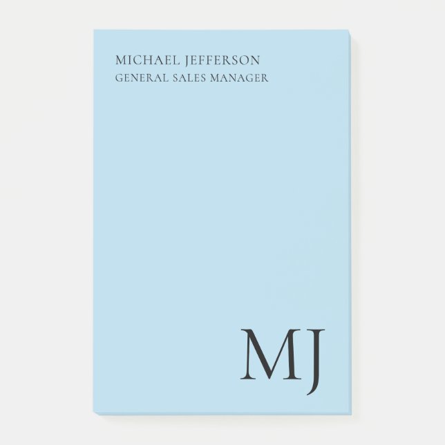 Monogram Plain Blue Trendy Business Post-it Klebezettel (Vorderseite)