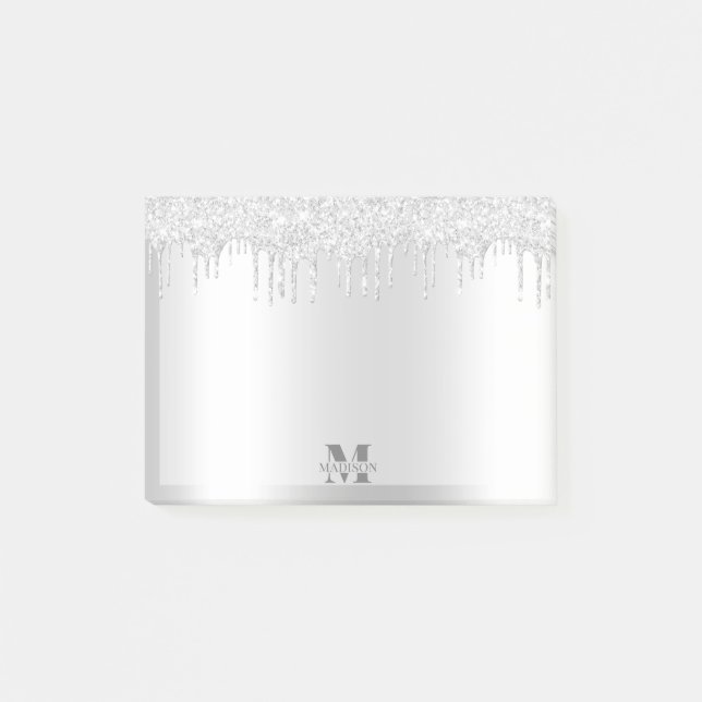 Monogram Platinum Silver Dripping Glitzer Metallic Post-it Klebezettel (Vorderseite)